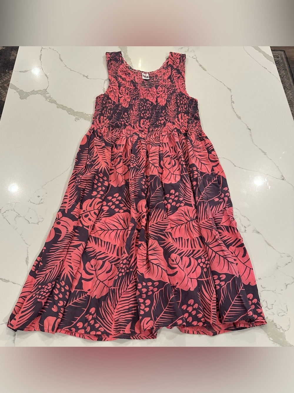 VTG Pineapple Isle Pink Tropical Floral Smocked Midi Sun Dress Hawaiian Rayon OS